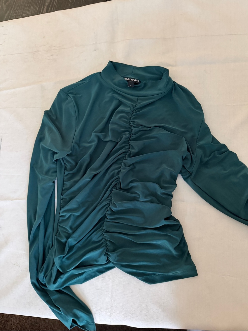 Ruched Teal Long-Sleeve Top with Mock Neck